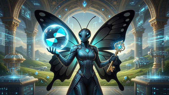A futuristic blue winged humanoid figure holds a glowing key and an orb, standing in an ornate archway with digital interfaces and green pastures beyond.