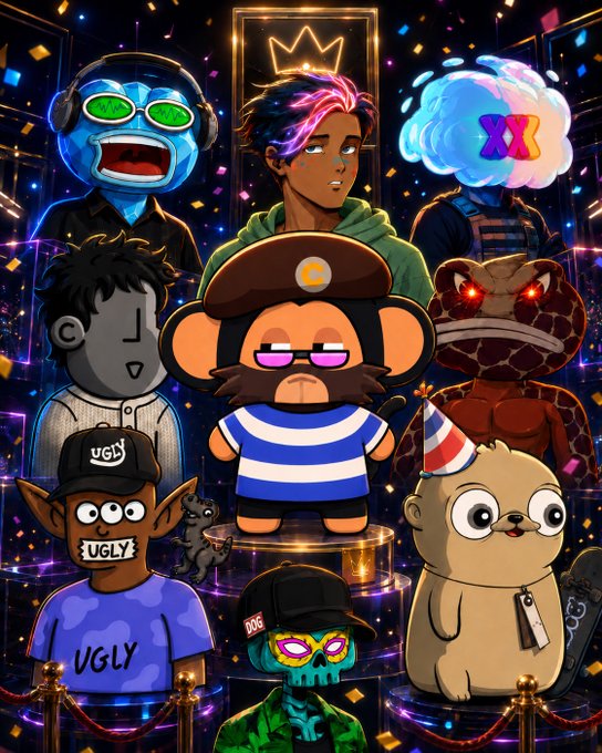 A group illustration of various NFT-style cartoon characters, including a central monkey figure and others wearing UGLY apparel and party hats.