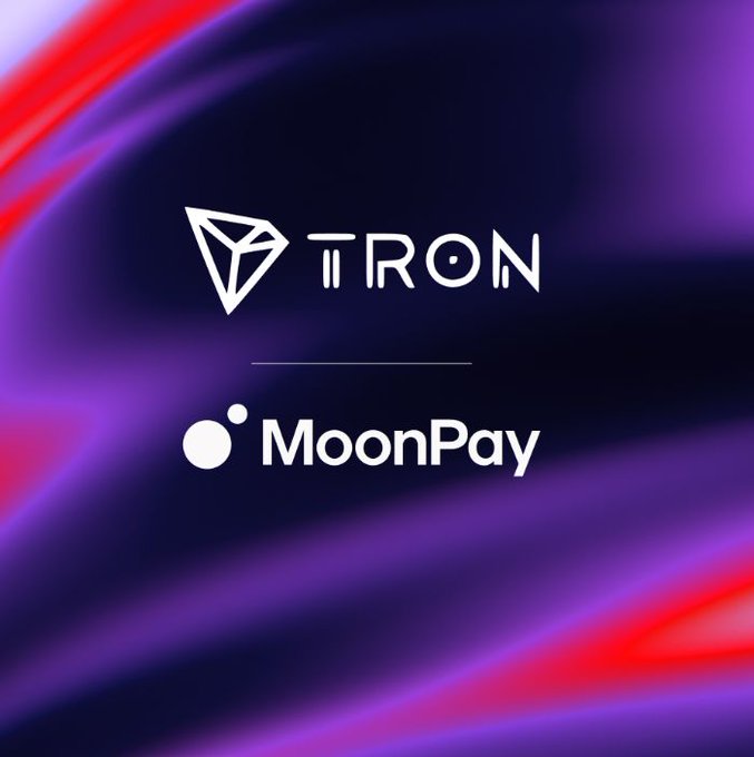 A promotional graphic featuring the Tron and MoonPay logos on a purple and red wavy background.