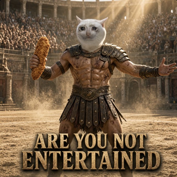 A muscular gladiator with a cat's head stands triumphantly in a dusty arena filled with cheering crowds, wearing ornate leather armor and holding a piece of fried chicken in one hand while gesturing broadly with the other. Bold text at the bottom reads "ARE YOU NOT ENTERTAINED," referencing the iconic line from the film *Gladiator*.