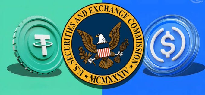 The image features the seal of the U.S. Securities and Exchange Commission (SEC) flanked by representations of Tether's USDT and USDC stablecoins, symbolizing the agency's new focus on regulating crypto investment offerings and digital-asset issuers. The official "U.S. SECURITIES AND EXCHANGE COMMISSION" emblem with the Roman numeral founding year "MCMXXXIV" (1934) underscores the regulatory authority's role in shaping clearer frameworks for the U.S. crypto market.