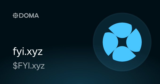 A promotional graphic for DOMA featuring 'fyi.xyz' and '$FYI.xyz' with a blue geometric logo on a dark background.