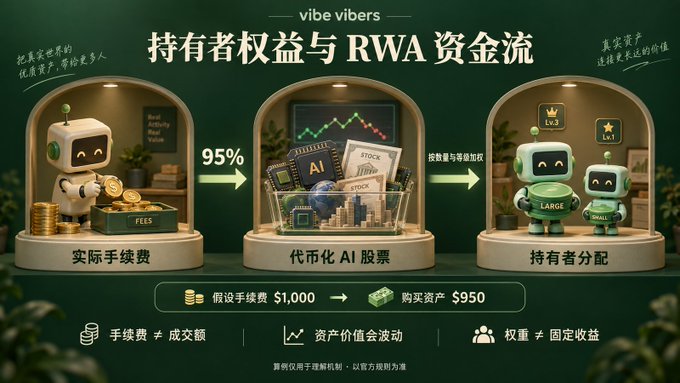 A Chinese infographic titled 'vibe vibers 持有者权益与 RWA 资金流' explaining fee structures and asset value flows between actual fees, tokenized AI stocks, and holder distributions, with pricing of $1,000 vs $950.
