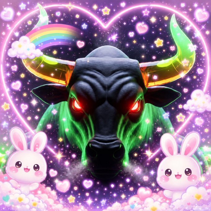 A fierce black bull with glowing red eyes and iridescent horns stands amid a neon heart-framed galaxy, flanked by two adorable pink bunny mascots and a rainbow. The intense, battle-ready bull paired with kawaii cuteness and the "$JAMES" ticker playfully visualizes "Monad trenches" as the brutal bull stampede rushing through a sugary, meme-coded crypto landscape.