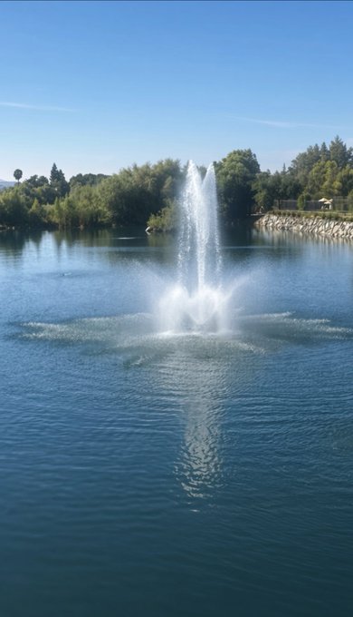 A scenic photograph of a water fountain spraying upward from the center of a calm blue lake, surrounded by green trees and a rocky shoreline under a clear blue sky.