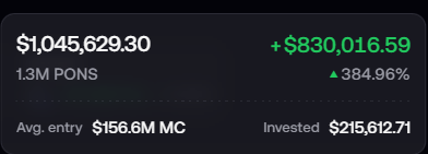 A crypto portfolio dashboard displays $1,045,629.30 in value with a profit of +$830,016.59 (▲384.96%) on 1.3M PONS tokens, featuring an average entry at $156.6M market cap and total invested of $215,612.71, supporting the poster's rebuttal against "insider" accusations by highlighting a strong average buy-in relative to the realized gains.
