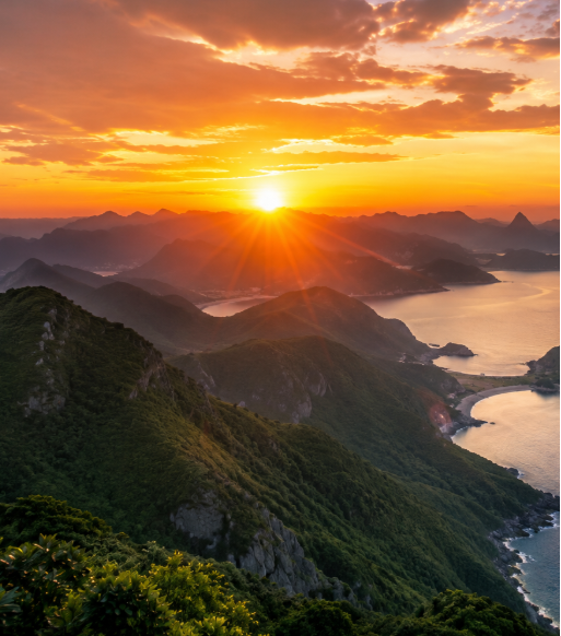 A breathtaking sunrise over a lush mountainous coastline with golden rays bursting through the horizon, symbolizing a fresh new day—perfectly matching the post's hopeful Wednesday morning wish for crypto traders to "wake up to green wallets, beautiful charts, and high vibes."