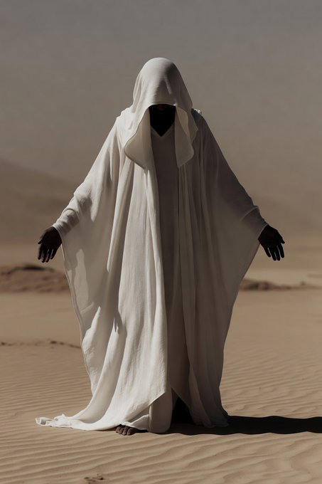 A person wearing a flowing white hooded robe and black face covering stands with arms slightly outstretched in a barren desert landscape.