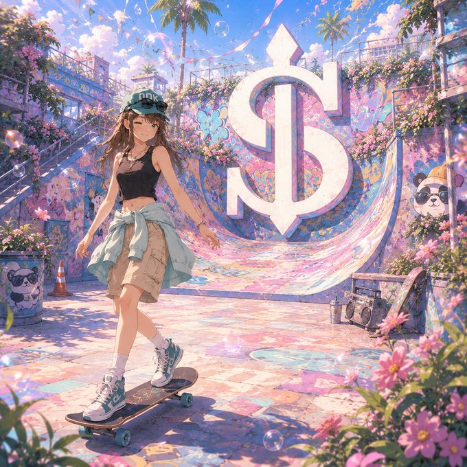 An anime-style illustration of a girl in a black tank top, beige shorts, and cap riding a skateboard in a colorful graffiti skate park with a large dollar sign logo.