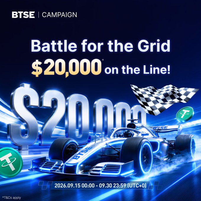 BTSE Campaign promotional banner for "Battle for the Grid" featuring a blue race car and text "$20,000 on the Line!" with dates 2026.09.15 to 09.30.
