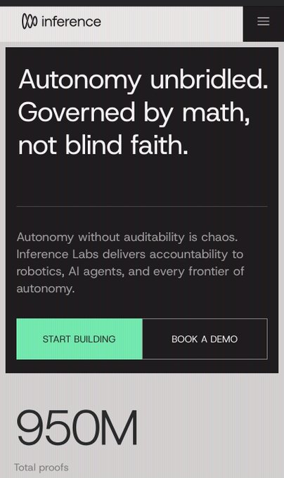 A mobile website screenshot for 'inference' with the tagline 'Autonomy unbridled. Governed by math, not blind faith.' promoting services for robotics and AI agents, with 'START BUILDING' and 'BOOK A DEMO' buttons, showing 950M total proofs.