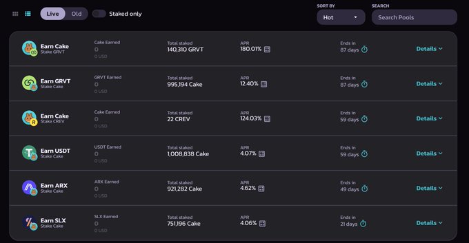 A staking dashboard listing various 'Earn' pools with details on Cake, GRVT, CREV, USDT, ARX, and SLX earned, total staked amounts, APRs ranging from 4.06% to 180.01%, and days remaining.