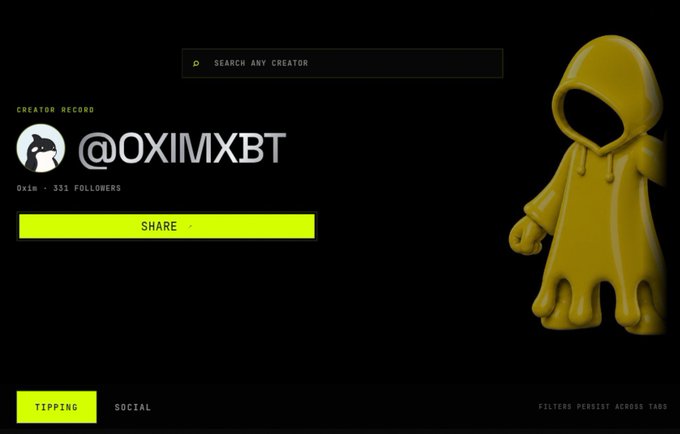 A digital profile interface titled "CREATOR RECORD" for user "@OXIMXBT" (Oxim) with 331 followers, featuring a yellow 3D hooded figure, a "SHARE" button, and a note that "FILTERS PERSIST ACROSS TABS".