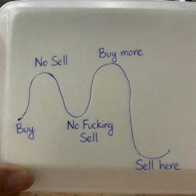 A hand-drawn diagram on a takeout container lid showing a stock price chart with phases labeled "Buy," "No Sell," "Buy more," "No F***ing Sell," and "Sell here" — humorously illustrating the classic Bitcoin-hodler mentality often associated with Michael Saylor, depicting the temptation to sell at a dip but ultimately holding until the highest peak.