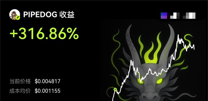 The image shows a PIPEDOG portfolio dashboard with an impressive +316.86% return, current price of $0.004817, and cost average of $0.001155, overlaid with a fierce dragon graphic and a green upward price chart. The accompanying post explains that the user sniped PIPEDOG (the "on-chain stuff") during a market dip, capitalizing on the "casual snipe" opportunity to achieve the substantial gains shown in the dashboard.