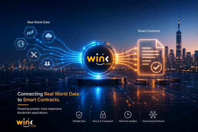 Promotional graphic for WinLink showing data icons flowing into smart contracts, with the tagline 'Connecting Real World Data to Smart Contracts.'