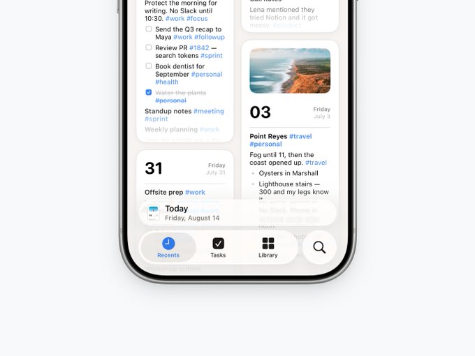 A smartphone screen displaying a notes or task app showing tasks like 'Send the Q3 recap to Maya', 'Water the plants', and 'Standup notes', along with calendar entries for July 31 and July 3 mentioning 'Point Reyes #travel', and a bottom navigation bar with 'Recents', 'Tasks', and 'Library'.
