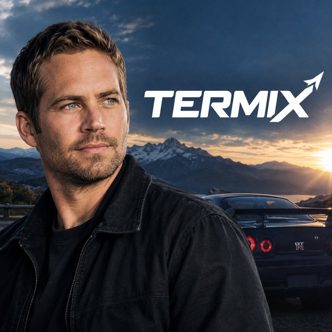 A man stands in front of mountains, a sports car, and a sunset with the large white word “TERMIX” and an arrow-shaped mark across the scene.