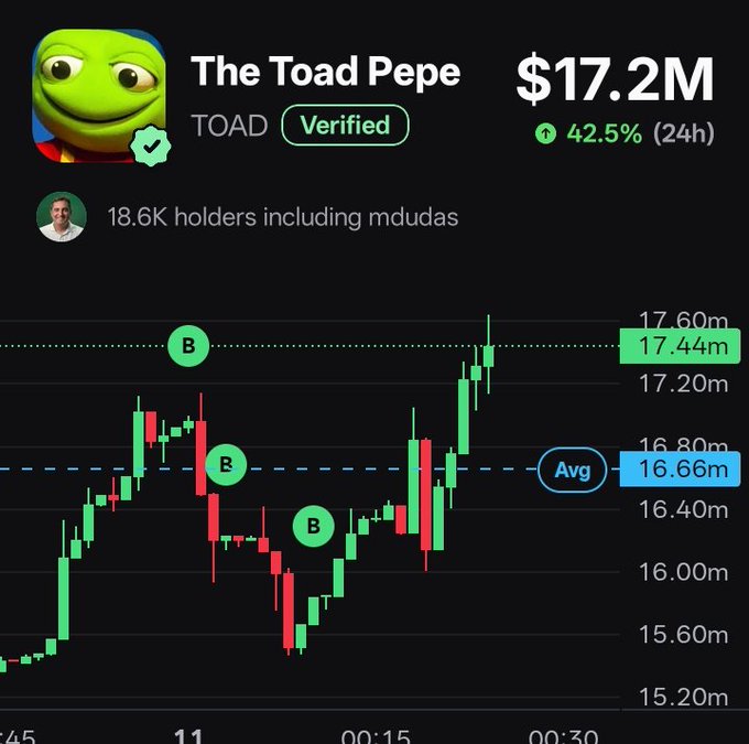 A price chart for "The Toad Pepe" ($TOAD) shows the meme token up 42.5% in 24 hours with a market cap of $17.2M, currently trading at 17.44M—breaking above both its average (16.66M) and a resistance level near 17.60M, supporting the poster's bullish opportunity call.