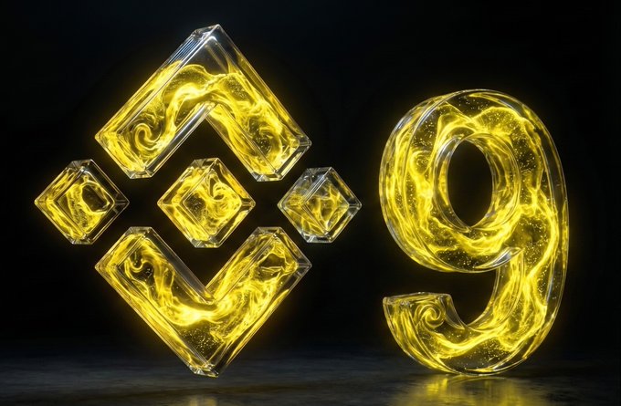 3D-rendered golden glowing text showing the Binance logo (a diamond pattern) next to the number '9' against a black background.