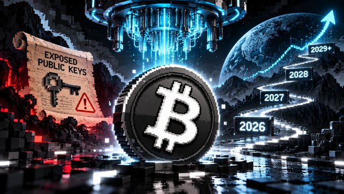 A digital graphic shows a large Bitcoin coin surrounded by floating technological elements, a glowing blue orb, a rising chart labeled '2026' through '2029+', and a warning sign reading 'EXPOSED PUBLIC KEYS.'