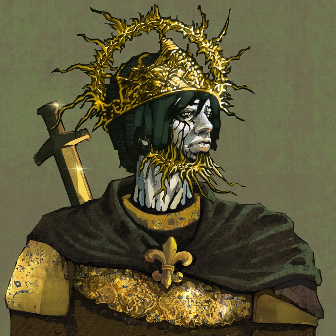 A dark, regal figure adorned with an ornate golden crown of thorny branches and thorned vines around the neck, gazing stoically while a sword crosses behind him, embodying the authoritative "King of the Forest" theme of the NFT mint. The artwork visually reinforces the post's call for the first 555 wallets to mint for free on Robinhood Chain.