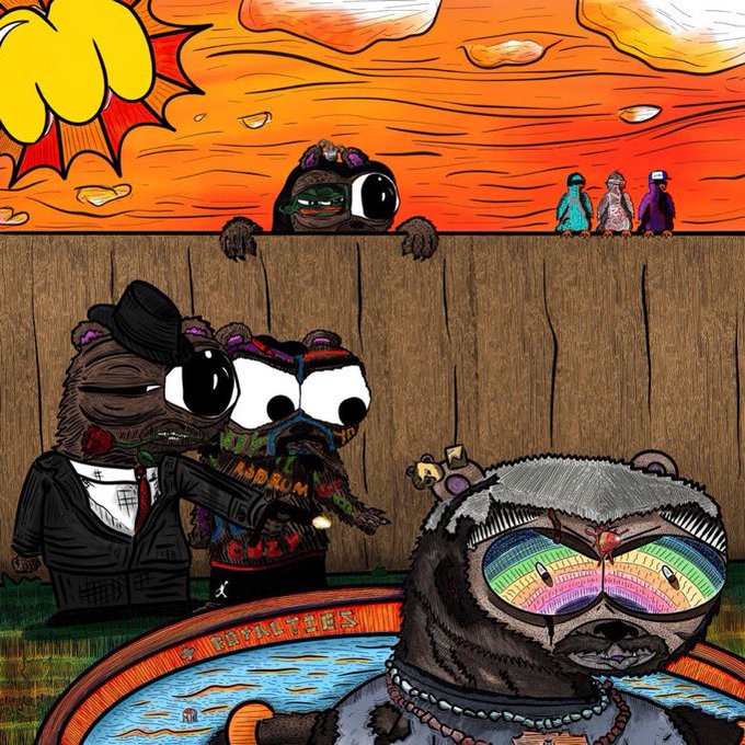 A surreal cartoon illustration featuring bear-like characters with large eyes, one in a suit with a top hat, another in a colorful sweater, and a large bear face in the foreground with rainbow-colored eyes, set against an orange swirling sky.