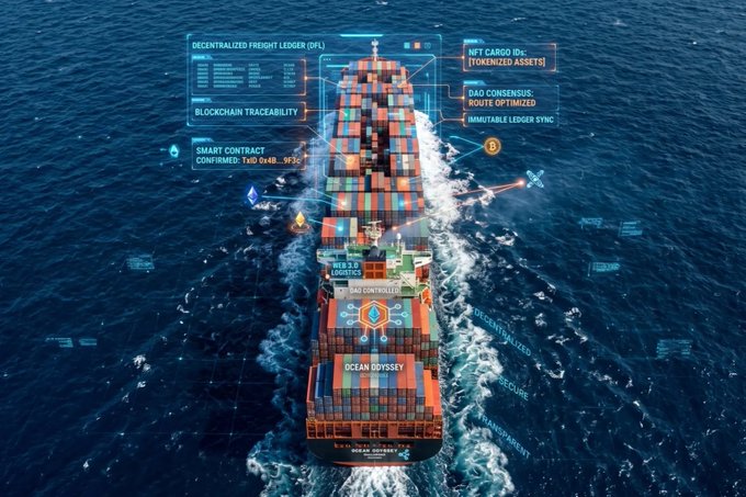 An aerial view of a large container ship named 'OCEAN ODYSSEY' sailing on the ocean, overlaid with futuristic blockchain-related graphics including 'DECENTRALIZED FREIGHT LEDGER (DFL)', 'NFT CARGO IDs', 'BLOCKCHAIN TRACEABILITY', 'SMART CONTRACT CONFIRMED', 'DAO CONSENSUS', and 'IMMUTABLE LEDGER SYNC'.