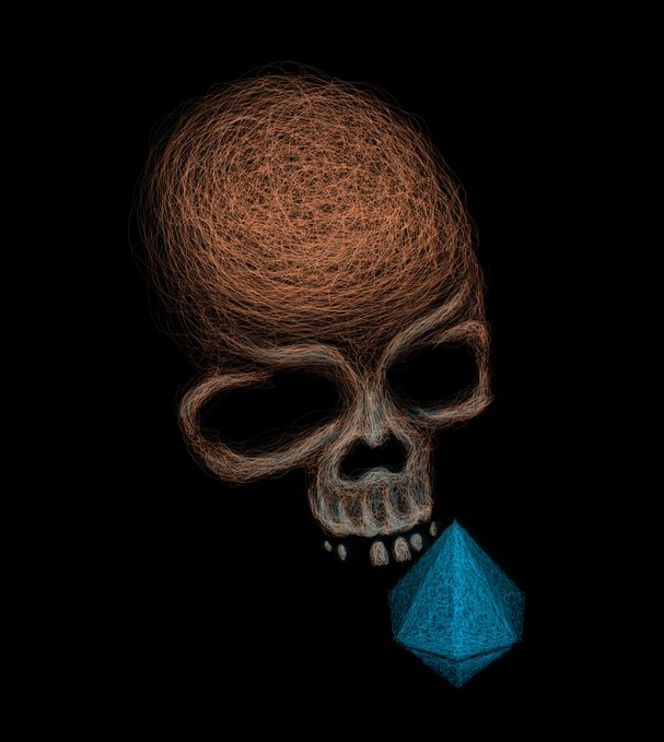 Digital artwork on a black background depicting a skull and brain-like shape rendered in tangled orange wires, with a blue geometric octahedron near its teeth.