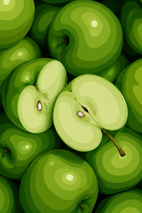 A digital illustration of a sliced green apple revealing its seeds, surrounded by whole green apples in various shades.