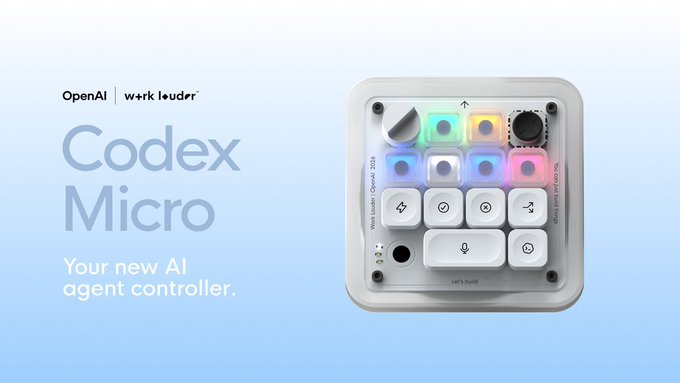The image is a promotional graphic for the "Codex Micro" by OpenAI in collaboration with Work Loudr, described as "Your new AI agent controller." It features a sleek, retro-style control device with colorful illuminated buttons, knobs, and icons, suggesting an interface for managing AI tasks. The accompanying post about migrating a project to @convex implies that the Codex Micro device is being used or showcased as a tool to facilitate that project migration process.