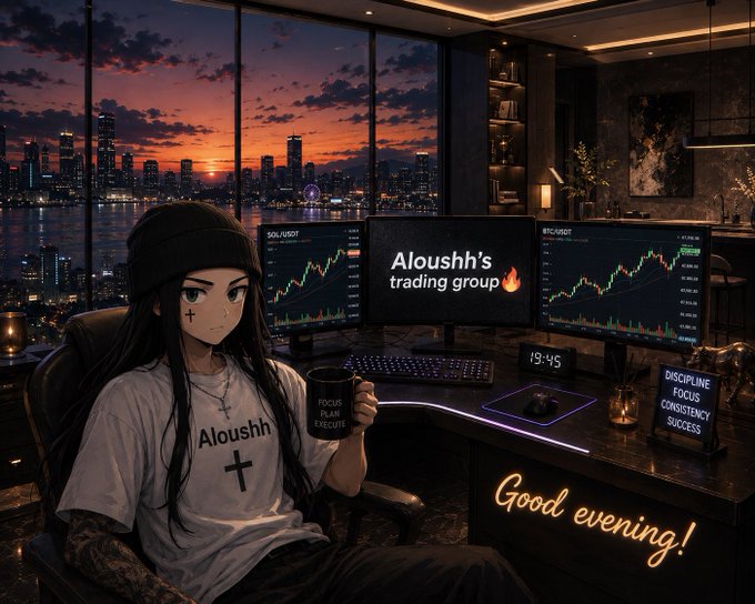 An anime-style illustration depicts a character with long dark hair and a beanie sitting at a trading desk with multiple monitors showing cryptocurrency charts, with text reading 'Aloushh's trading group' and 'Good evening!'.
