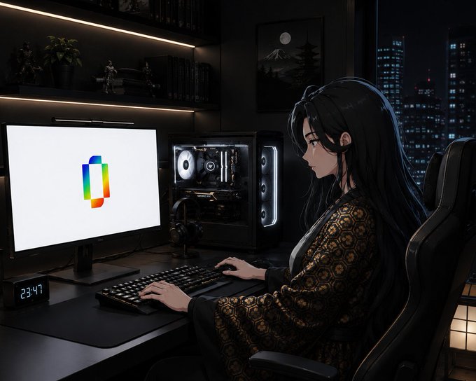 An anime-style illustration of a woman with long black hair sitting at a computer desk in a dimly lit room, using a desktop PC displaying a colorful logo, with a city skyline visible through the window.