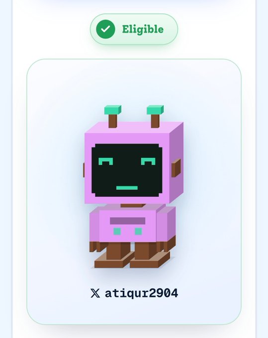 A 3D pixel-art style robot avatar in purple and teal displayed as 'Eligible' with the username 'X atiqur2904' beneath it.