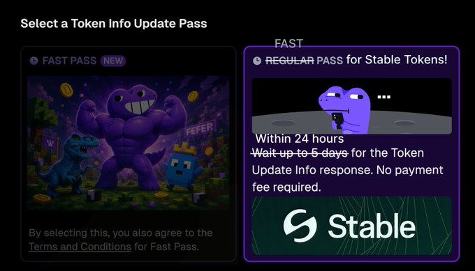 The image shows two options for a "Token Info Update Pass": "FAST PASS" and "REGULAR PASS for Stable Tokens!". The "REGULAR PASS" option, highlighted by a purple dinosaur on the moon, is being offered for free for a limited time until August 7, 2026, to get token socials, logos, and banners live within 24 hours.
