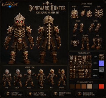 A character concept art sheet for "BONEWARD HUNTER SET" from CloudCraft, displaying front and back views of a skeletal armor set, modular views, texture sets, and color palettes.