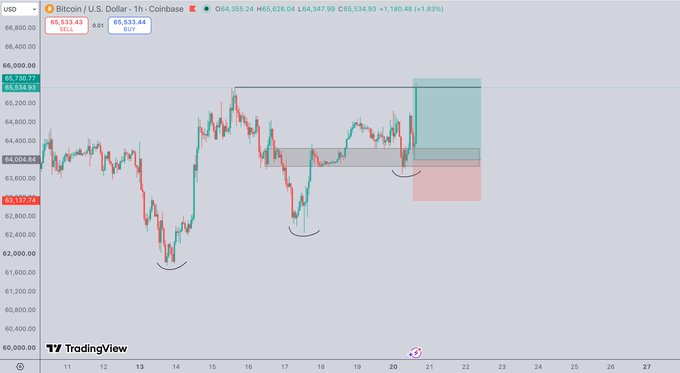A 1-hour Bitcoin/USD chart on Coinbase shows BTC trading at $65,533.43 (+1.83%), with a highlighted short-long trade setup featuring a green take-profit zone and red stop-loss zone near the $63,600–$65,700 range, visually confirming the successful long entry and full close described in the post.