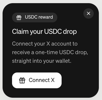 A dark popup window displays a "USDC reward" offer, inviting users to "Claim your USDC drop" by connecting their X account to receive a one-time USDC payment directly into their wallet. The image illustrates the "PayBox USDC allocation" mentioned in the post, showing the specific interface users encountered to claim their rewards after maintaining consistent activity on both their Claude/GPT account and X.