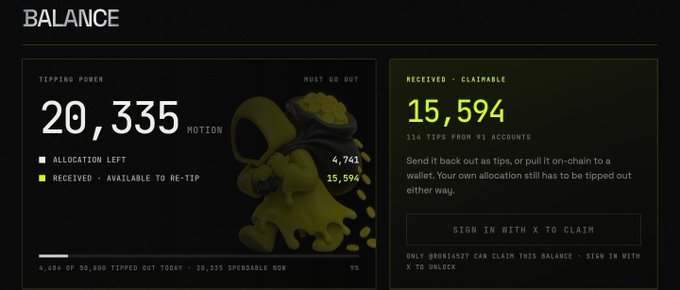 A dashboard titled "BALANCE" displays a Tipping Power of 20,335 $MOTION and a Received - Claimable balance of 15,594 MOTION from 93 accounts, visually confirming the large tip the user is redistributing in their tipping chain giveaway.