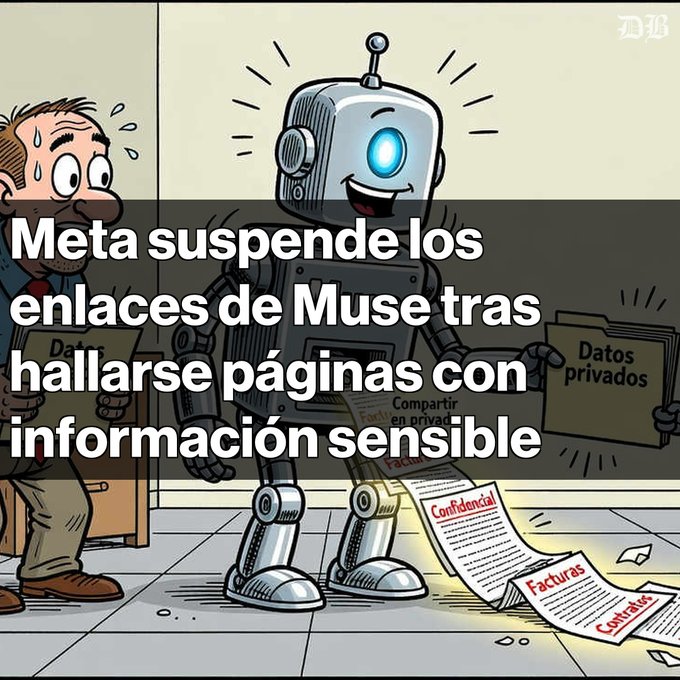 A cartoon robot holds folders labeled with sensitive documents while a worried man stands beside it. The headline says, “Meta suspende los enlaces de Muse tras hallarse páginas con información sensible.”