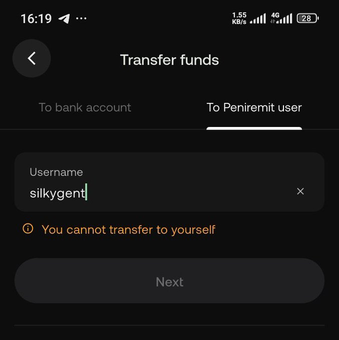A mobile 'Transfer funds' screen on the Peniremit app attempting to transfer to username 'silkygent', showing the error 'You cannot transfer to yourself'.