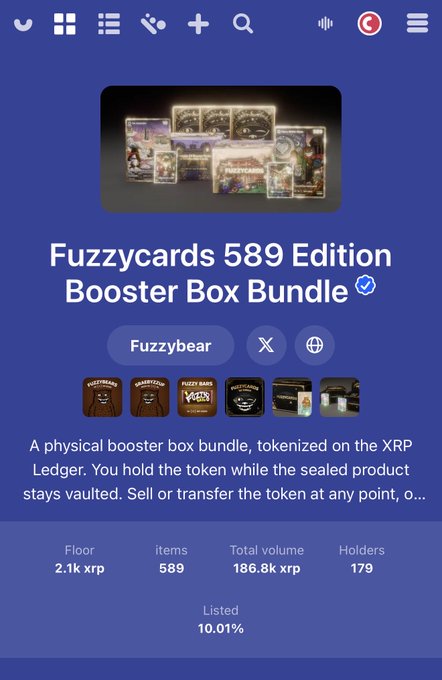 A mobile app screenshot displaying the 'Fuzzycards 589 Edition Booster Box Bundle' tokenized on the XRP Ledger, showing a floor price of 2.1k xrp and 589 items.