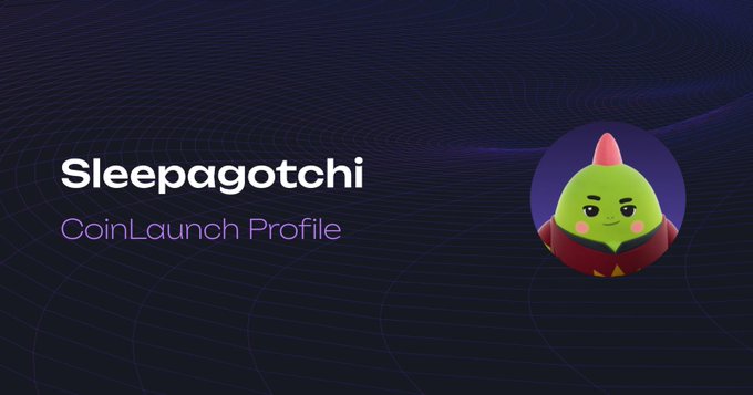 The image features a cartoon character of a green alien with a red head and a red nose wearing a purple outfit. The character appears to be smiling at the camera. Below the character, there is text that reads "@SLEEPAGOTCHI coinLaunchProfile". This suggests that the character might have been created for a coin launch or promotion event related to cryptocurrency.
