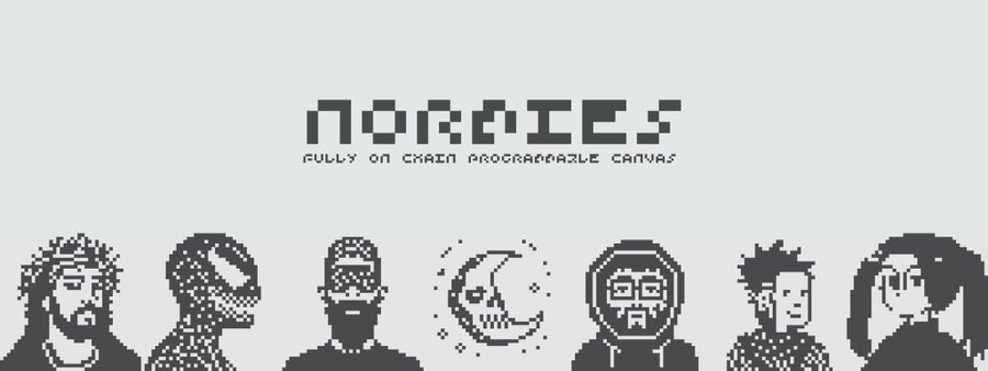 The NORMIES project logo is displayed with the tagline "FULLY ON CHAIN PROGRAMMABLE CANVAS" above a pixel art lineup of NFT character portraits.