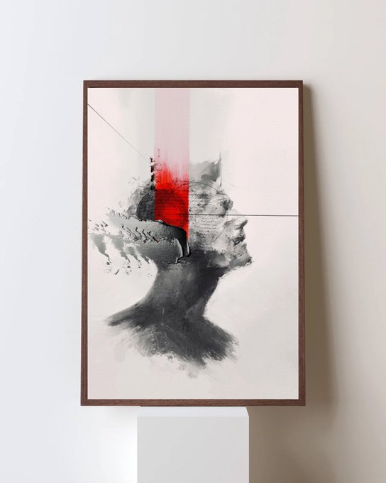 A framed abstract painting on a white pedestal featuring black and grey brushstrokes with a striking vertical red streak down the center.