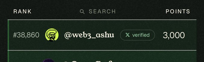 A leaderboard screenshot showing rank #38,860, the verified user @web3_ashu with 3,000 points.