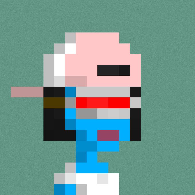 A simple pixel art illustration of a character with white hair, a black visor, and a blue outfit, standing against a teal background.