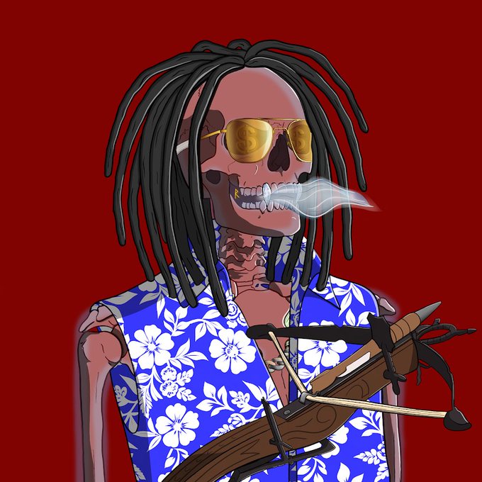 An illustration of a skeletal figure with dreadlocks and gold aviator sunglasses, wearing a blue Hawaiian shirt and exhaling smoke, while holding a crossbow against a red background.