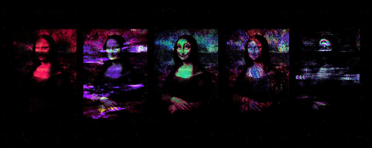 The image features five different versions of the same woman's face, each with varying colors and lighting effects. The faces are arranged horizontally across a long white line against a black background. Each version has its own unique style and color scheme, creating an interesting visual effect that captures attention. The caption above the image reads "MyMona’s the closer gets to sold out, the more i realize this collection was never just art", suggesting that these images are not only visually appealing but also carry a deeper meaning or message for the viewer.