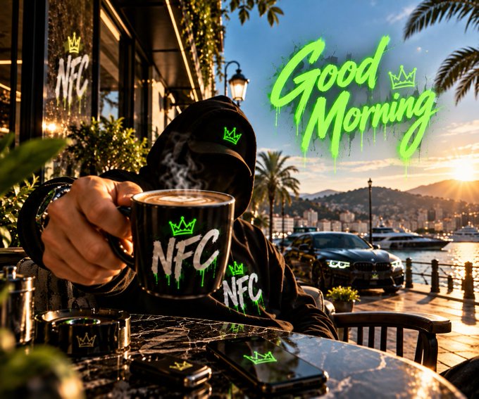 A promotional-style image with "Good Morning" written in green graffiti text, showing a person in a dark hoodie holding a steaming black mug labeled "NFC" at an outdoor cafe overlooking a marina with luxury cars and yachts.